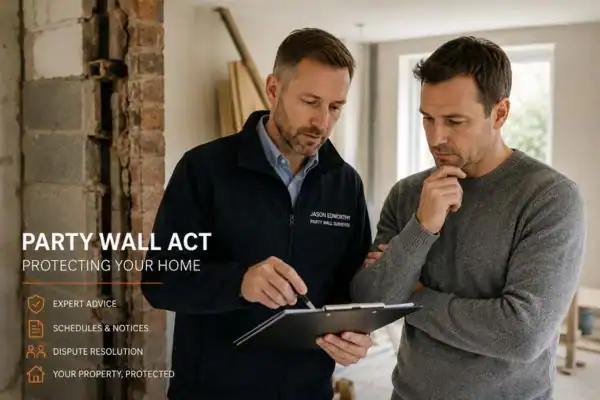 Party wall surveyor Suffolk discussing extension plans with homeowner outside a UK semi-detached house.
